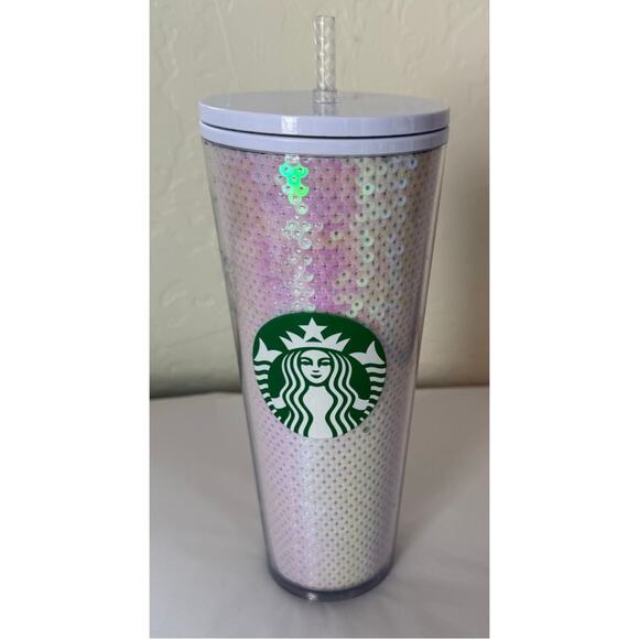 Starbucks 2020 Holiday White Sequin Cold Cup Tumbler 24 OZ. Venti - Picture 1 of 3